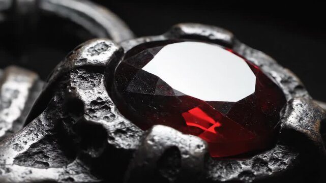 Close-up of a red garnet gemstone set in a silver ring