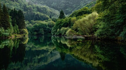 Obraz premium Serene Forested Lake with Perfect Reflection of Lush Greenery and Overhanging Tree.