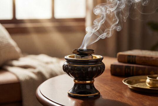 Burning oud wood chips in traditional ceramic incense burner or mabkhara releasing aromatic smoke