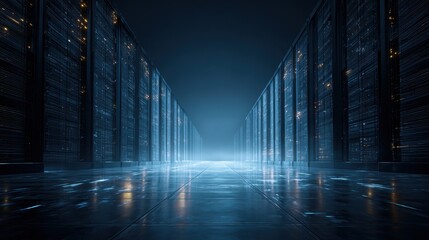 Futuristic Server Room with Glowing Racks and Reflective Floor - Data Center Technology Concept.