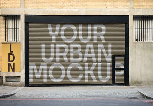 Mockup of a garage door and vertical poster sign in London