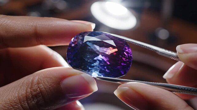 Close-up of a tanzanite gemstone held by tweezers