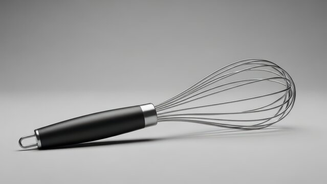 Stainless steel kitchen whisk with black handle on gray background for cooking and baking essentials