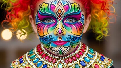 Vibrant child with rainbow face paint and colorful costume close up shot looking at camera