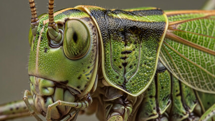 Macro Close-up of Green Grasshopper Head, Eye, and Textured Body