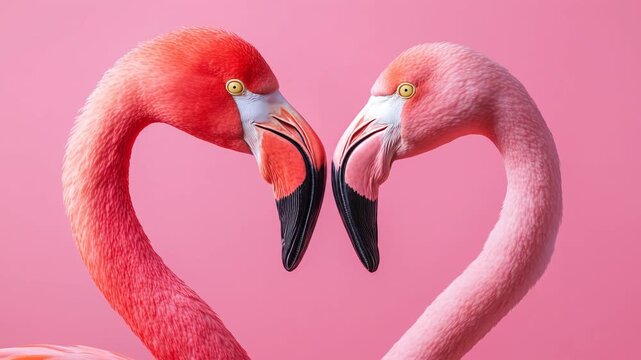 Two flamingos forming heart shape against pink background