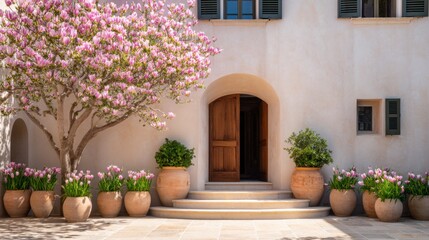 Fototapeta premium A sunlit Mediterranean-style entrance with an arched doorway, pink flowering tree, and potted plants along steps