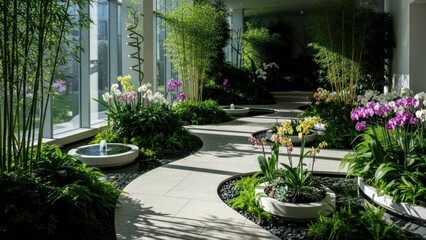 Obraz premium Indoor garden with lush greenery, orchids, bamboo, and winding pathways