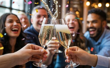 A group of joyful friends brings their champagne flutes together for a celebratory toast. Confetti rains down around them, adding to the festive atmosphere of the gathering.