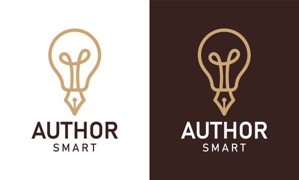 Creative author smart logo design template illustration. Light bulb with pen vector icon symbol