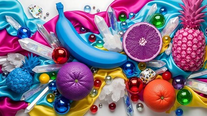 Vibrant fruits and crystals arranged on colorful silk fabric abstract composition