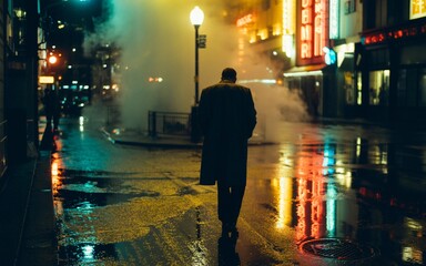 A solitary figure in a trench coat walks away down a wet city street at night. Neon signs reflect on the rain-slicked pavement, creating a moody and atmospheric scene.
