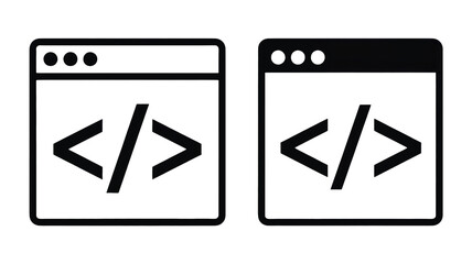 Two sleek minimalist browser application icons displaying programming code symbols on a dark background representing software development web design a