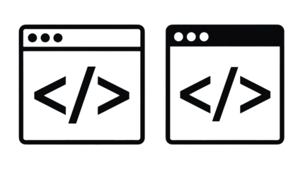 Two sleek minimalist browser application icons displaying programming code symbols on a dark background representing software development web design a
