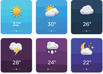 Obraz premium Set of colorful weather app widgets with sun clouds rain and moon icons for mobile user interface and forecast display