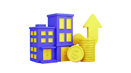 3D Cartoon Building with Coins and Upward Arrow