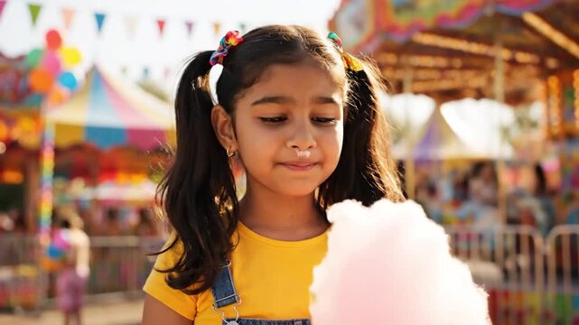 Happy young South Asian girl with pigtails enjoying a large pink cotton candy treat at a vibrant amusement park carnival fairground during a sunny summer afternoon outing.