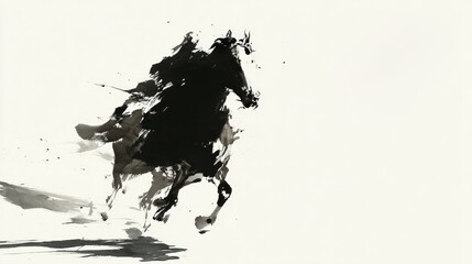 Obraz premium Traditional Chinese ink wash painting of two horses galloping together through clouds and mountains, symbol of strength and prosperity