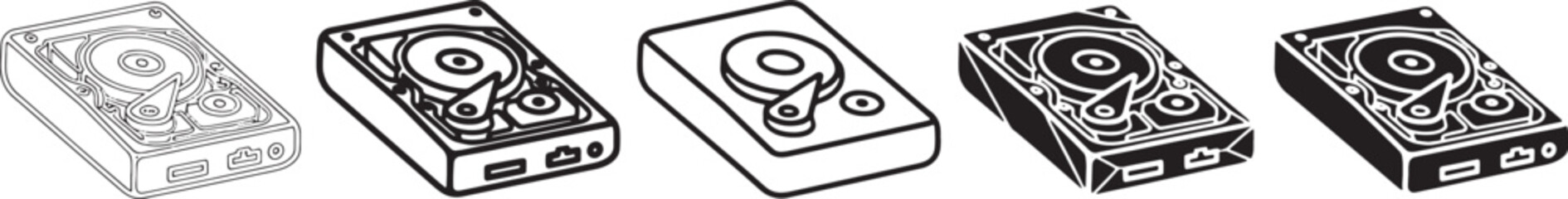 Set of five hard disk drive evolution stages, black and white line art illustration