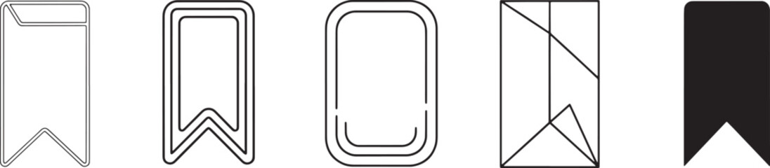Set of five bookmark or ribbon icons in black and white outline styles