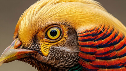 Vibrant Exotic Bird Head Close-up with Golden Feathers and Eye