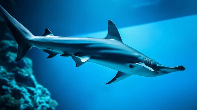 Underwater hammerhead shark swimming in deep blue ocean water