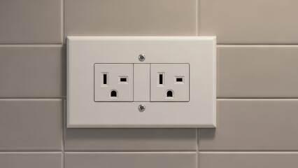 Dual electrical outlet on light gray tiled wall with screws showing standard american plug design in indoor setting