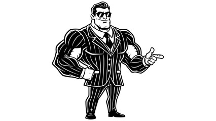 cool businessman with big muscles and sunglasses smiling with one finger pointing black and white shape illustration