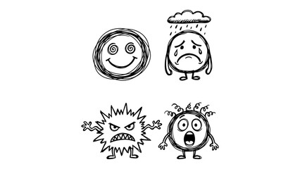 Obraz premium four cute drawn style characters one happy, one sad with clouds on the top and tears under eyes, one angry, and one amazed with funny curled hairs black and white illustration