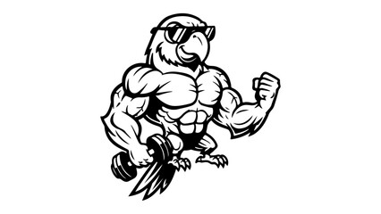 Fototapeta premium cool parrot with cool face expression and with big muscles with dumbbell in the right hand