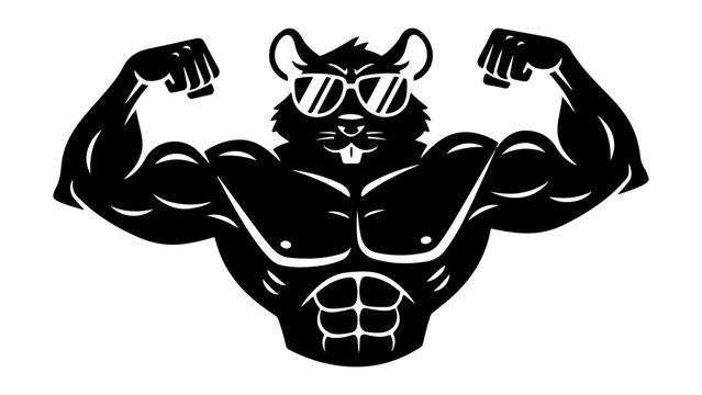 cool mouse with big muscles and sunglasses vector black and white shape illustration on white background