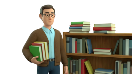 3D Cartoon Man Holding Books Next to Bookshelf