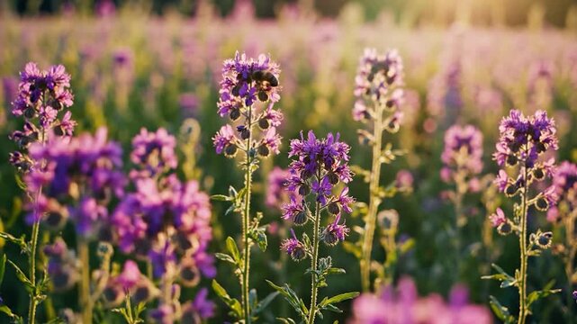 Bees pollinate vibrant purple flowers in a sun-drenched meadow at golden hour