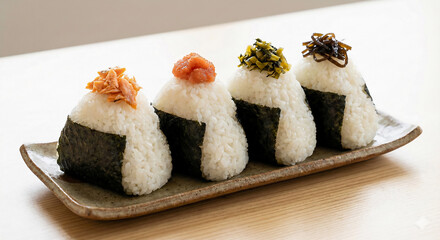 様々な具材が乗った、食卓に並ぶ手作りおにぎり４個