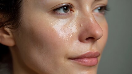 Fototapeta premium Close up of a woman s face with glistening water droplets on her clean healthy skin showcasing natural beauty and hyd n