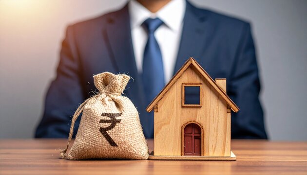 Indian real estate investment symbolized by house model and rupee sack on business desk.