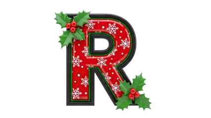 Christmas Letter R with Holly and Snowflakes
