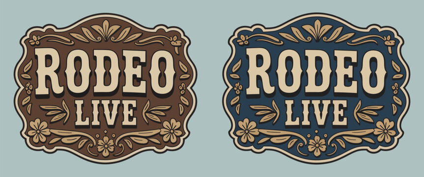 Rodeo Live belt buckle vector design featuring cowboy and cowgirl bull rider engravings, rustic decor style emblem, western details, and classic country illustration for apparel, awards, and branding.