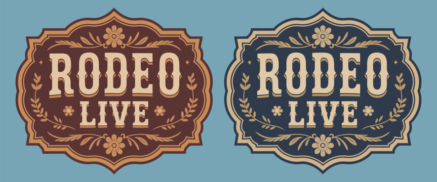 Rodeo Live belt buckle vector design featuring cowboy and cowgirl bull rider engravings, rustic decor style emblem, western details, and classic country illustration for apparel, awards, and branding.