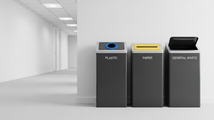 Indoor recycling bins for plastic, paper, and waste management in a modern office corridor setting