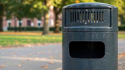 Urban park trash bin near pathway with fallen leaves and blurred background of trees and buildings on a sunny autumn day