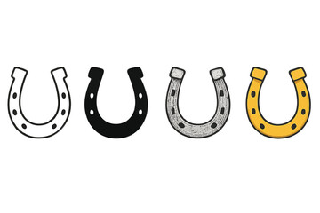  Set of Four Horseshoe Icons in Outline, Silhouette, Hand-Drawn, and Cartoon Styles Vector Illustration isolated white background