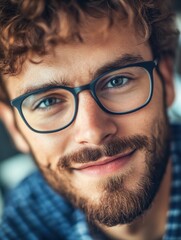 Man with curly hair and glasses smiles warmly in a casual setting during the day