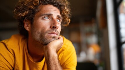 Man with curly hair looks thoughtfully while resting chin on hand in a bright indoor space
