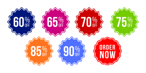 Set of 7 Colorful Discount Sale Badges with Percentage Off and Order Now