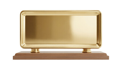 Gleaming golden award plaque with rounded corners on a polished dark wood base Studio light on black background symbolizes success and elegance