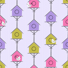 Spring Birdhouse in Vertical Stripes Vector Seamless Pattern