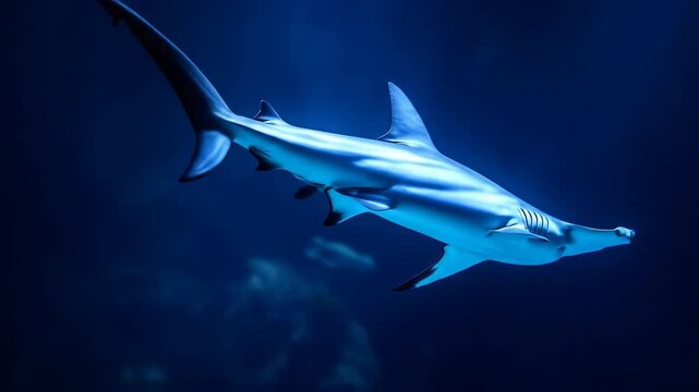 Underwater shot of a hammerhead shark swimming in deep blue water