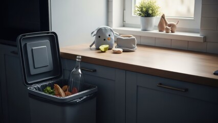 Kitchen scene with trash bin, countertop, and objects