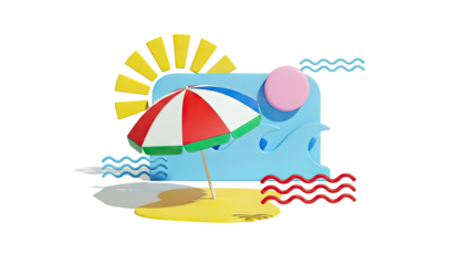 Abstract 3D Beach Scene with Umbrella, Sun, and Waves